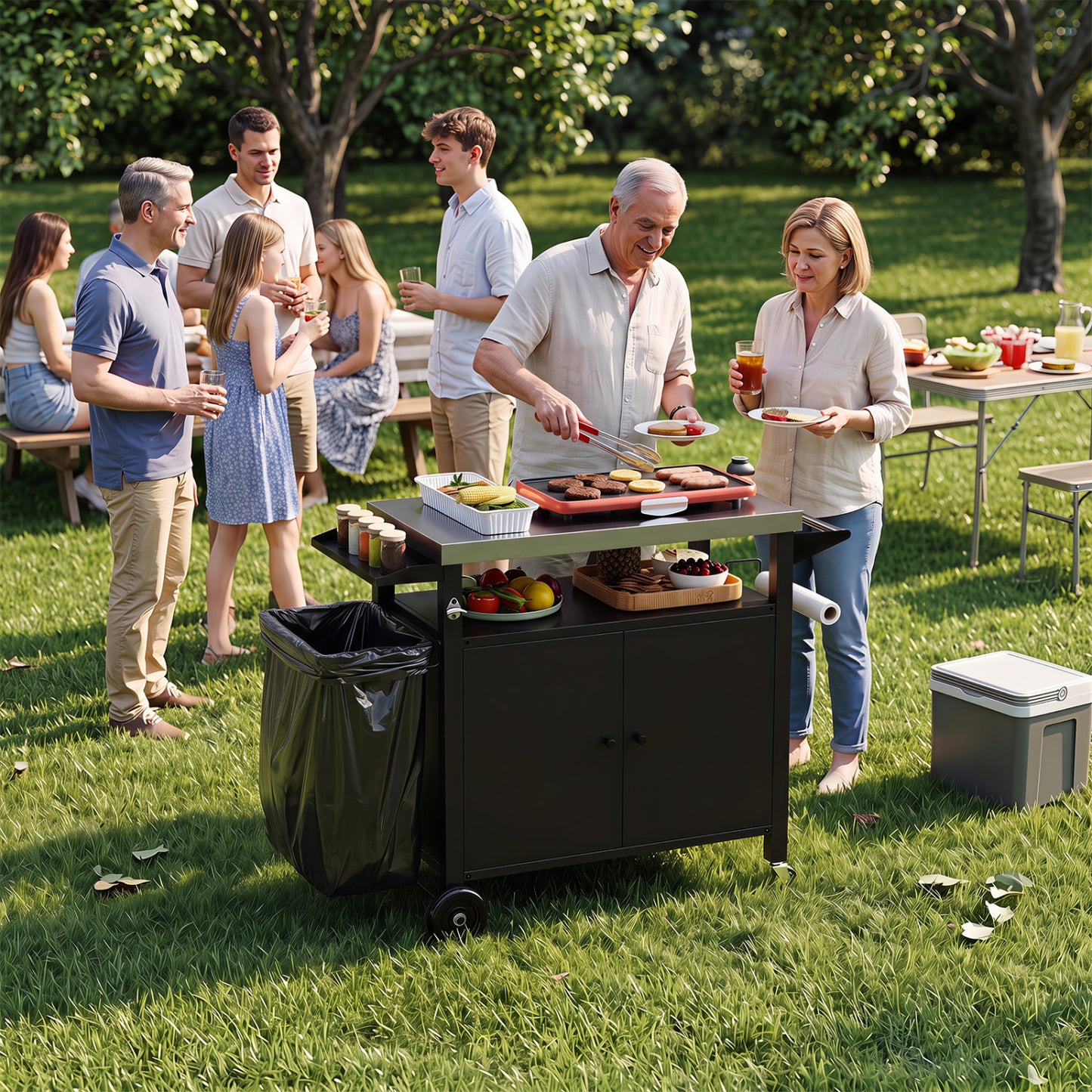 Chariot de barbecue d'extérieur, dessus en acier inoxydable, armoire à 2 portes, noir