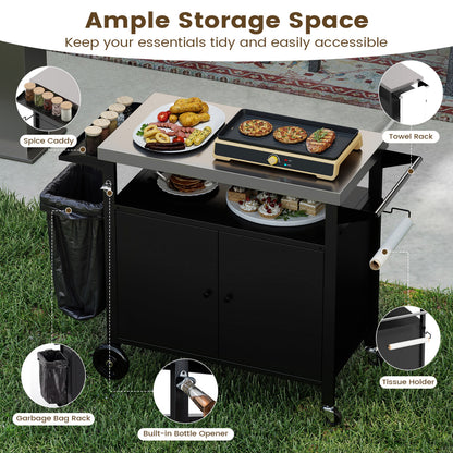 Chariot de barbecue d'extérieur, dessus en acier inoxydable, armoire à 2 portes, noir