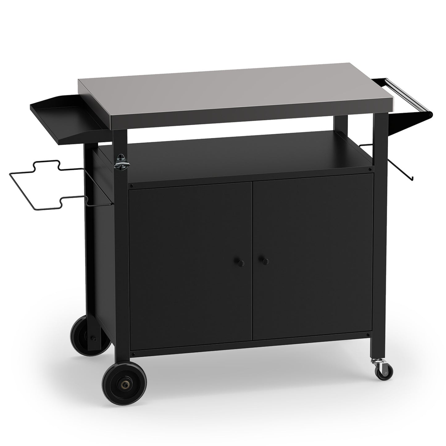 Chariot de barbecue d'extérieur, dessus en acier inoxydable, armoire à 2 portes, noir