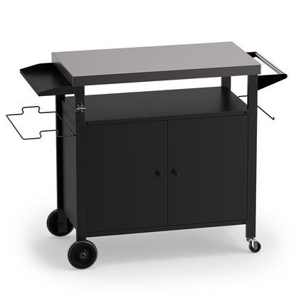 Chariot de barbecue d'extérieur, dessus en acier inoxydable, armoire à 2 portes, noir