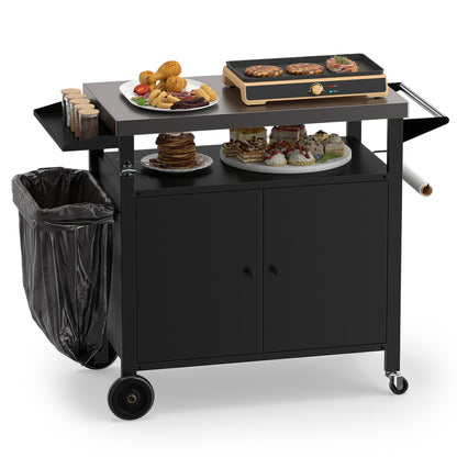 Chariot de barbecue d'extérieur, dessus en acier inoxydable, armoire à 2 portes, noir