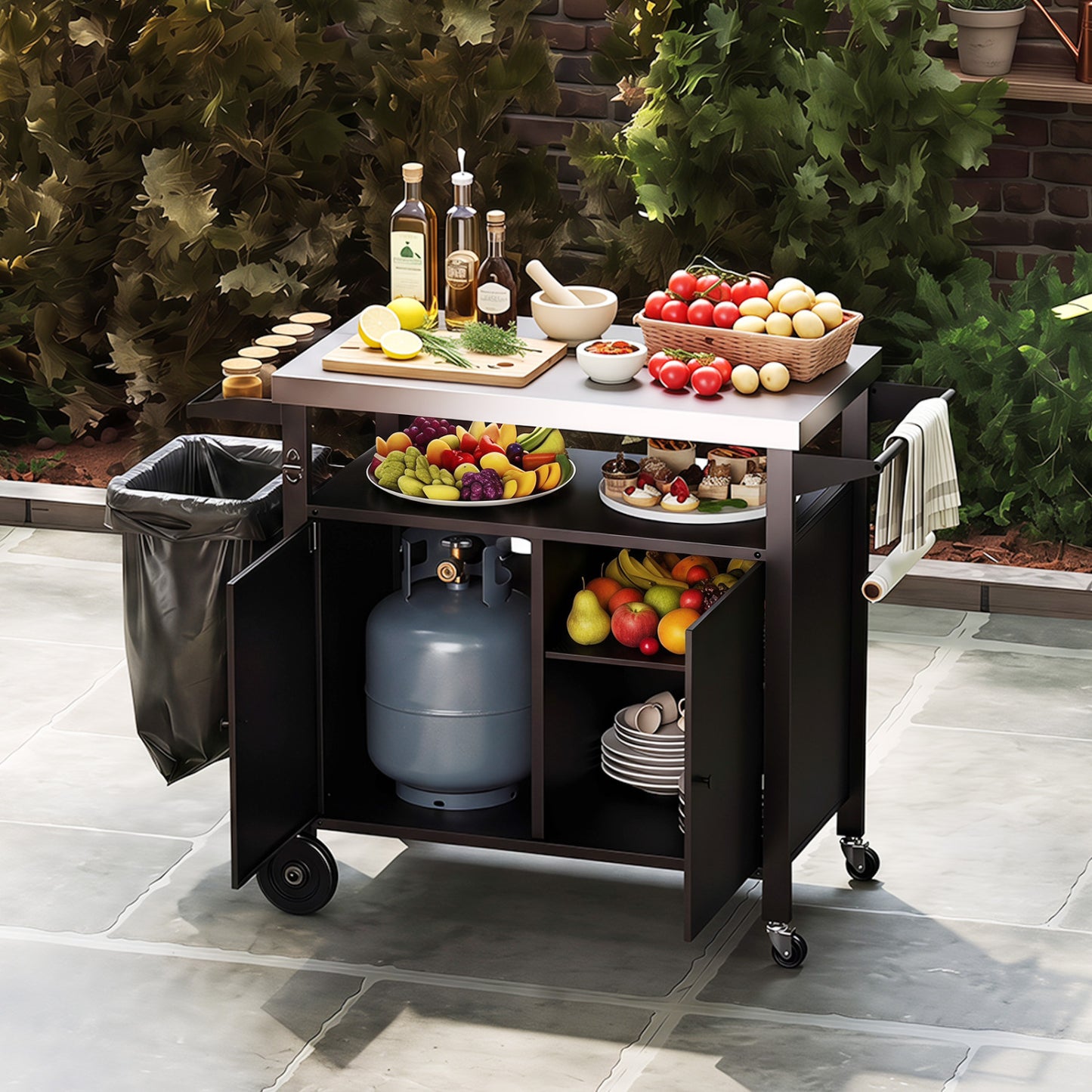 Chariot de barbecue d'extérieur, dessus en acier inoxydable, armoire à 2 portes, noir