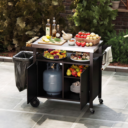 Chariot de barbecue d'extérieur, dessus en acier inoxydable, armoire à 2 portes, noir