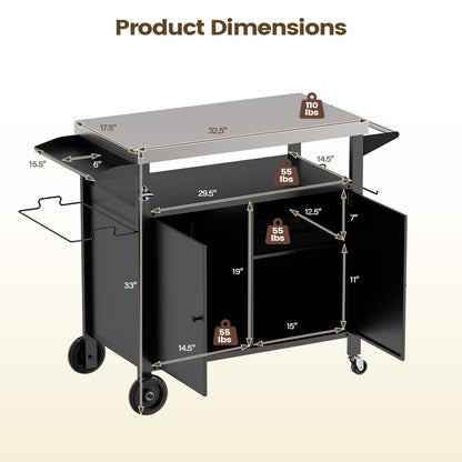 Chariot de barbecue d'extérieur, dessus en acier inoxydable, armoire à 2 portes, noir