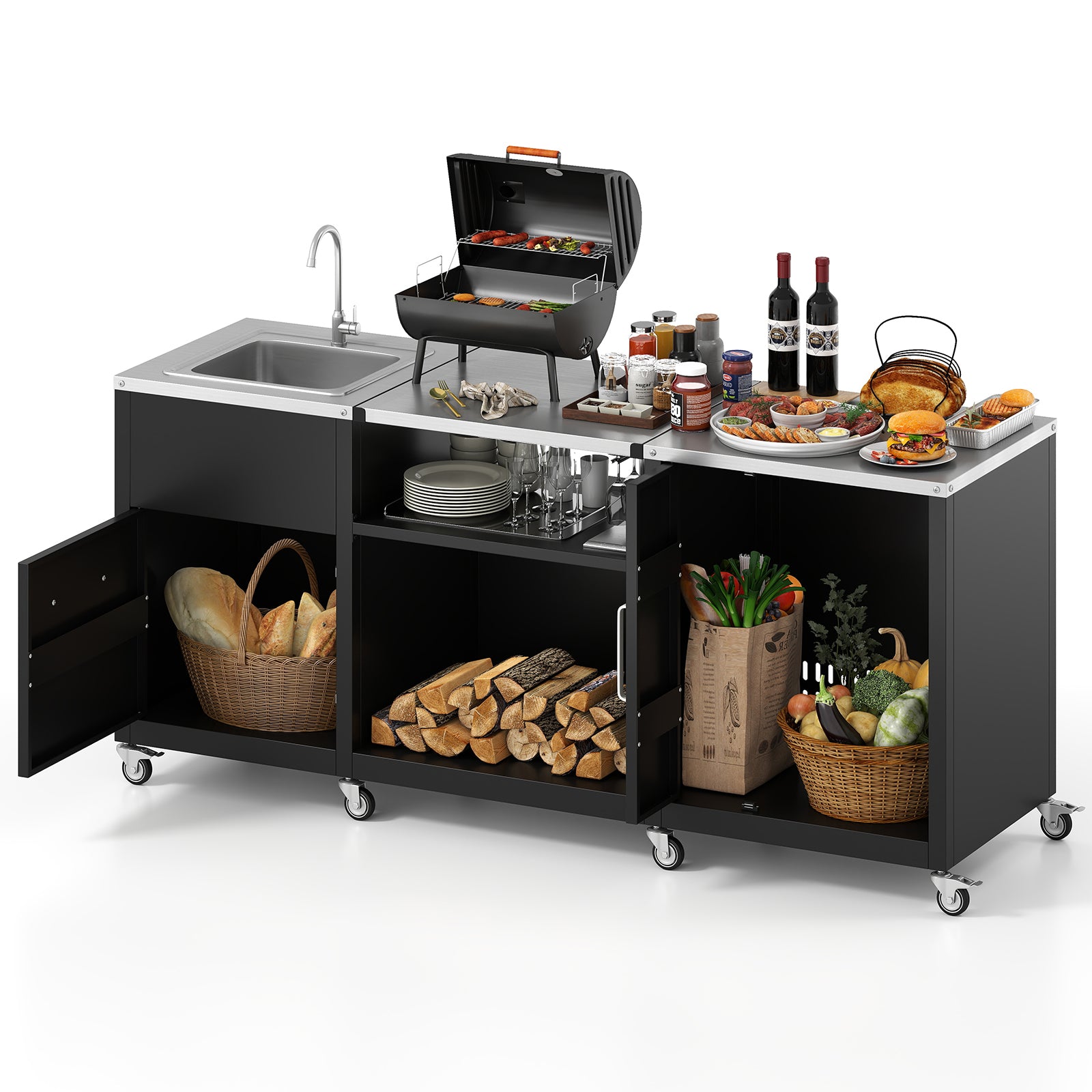 Outdoor Grill Table With Sink, Heavy Duty Metal Cart, Black Camping Furniture at Gallery Canada
