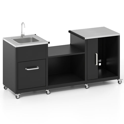 Outdoor Grill Table With Sink, Heavy Duty Metal Cart, Black