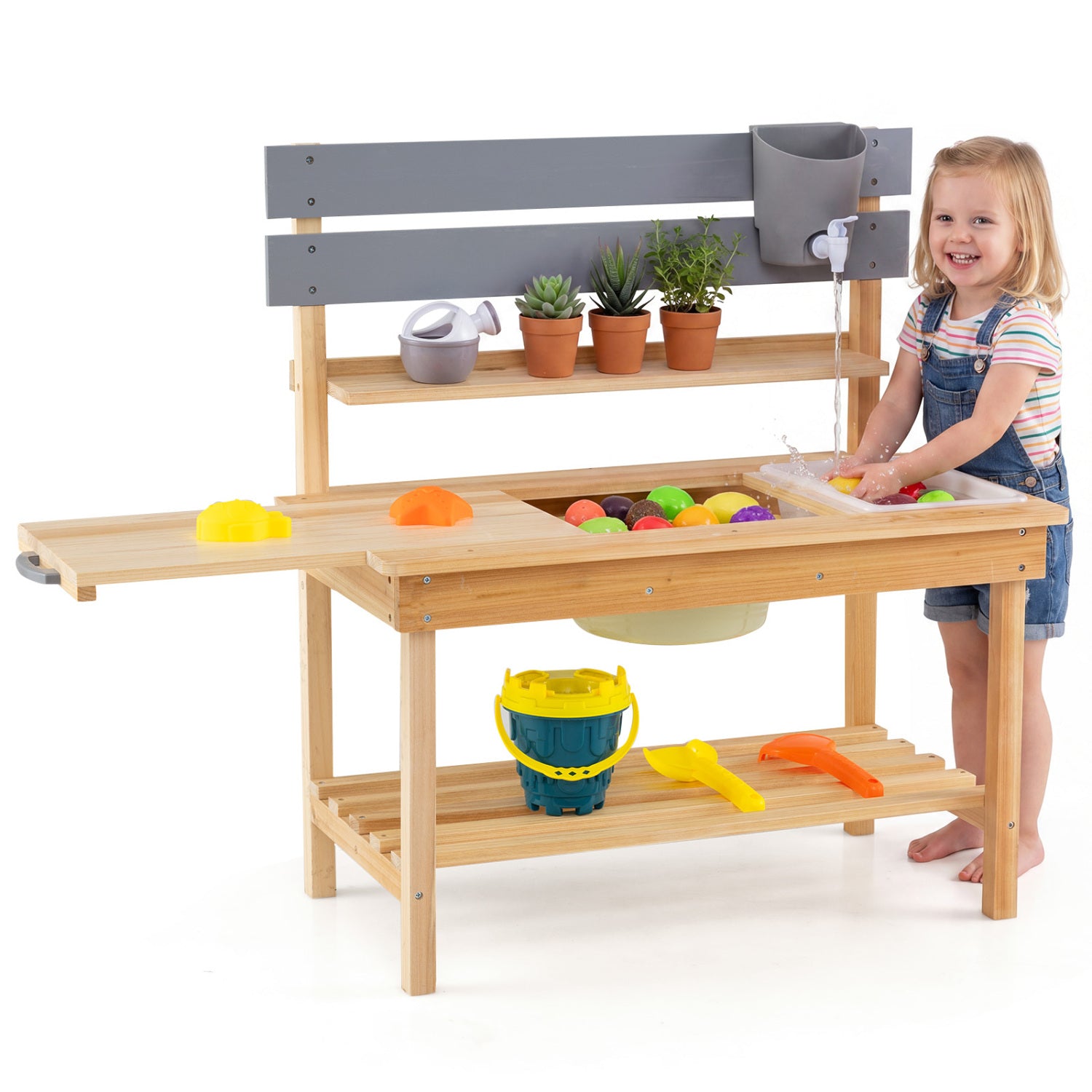 Outdoor Kids Mud Kitchen with Extended Tabletop and Water Tank, Natural Play Kitchen Sets at Gallery Canada