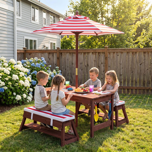 Kids Wooden Picnic Table with Umbrella, Red