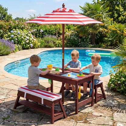 Table de pique-nique en bois pour enfants avec parapluie, rouge