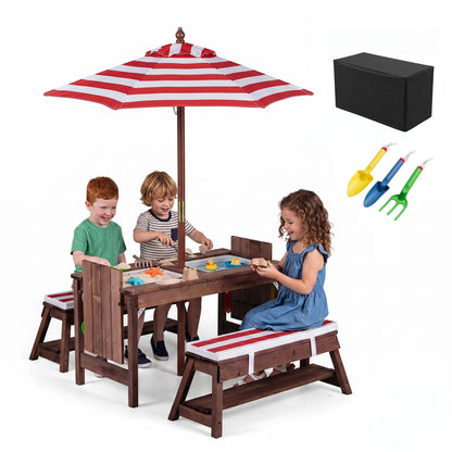 Table de pique-nique en bois pour enfants avec parapluie, rouge