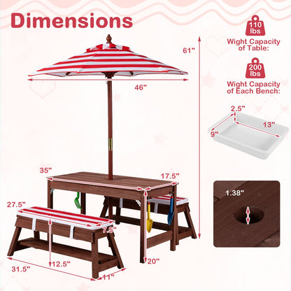 Table de pique-nique en bois pour enfants avec parapluie, rouge
