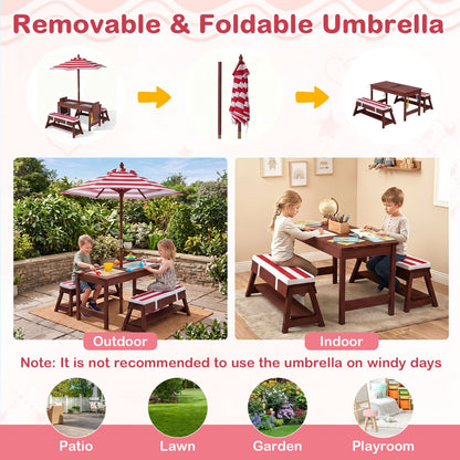 Table de pique-nique en bois pour enfants avec parapluie, rouge