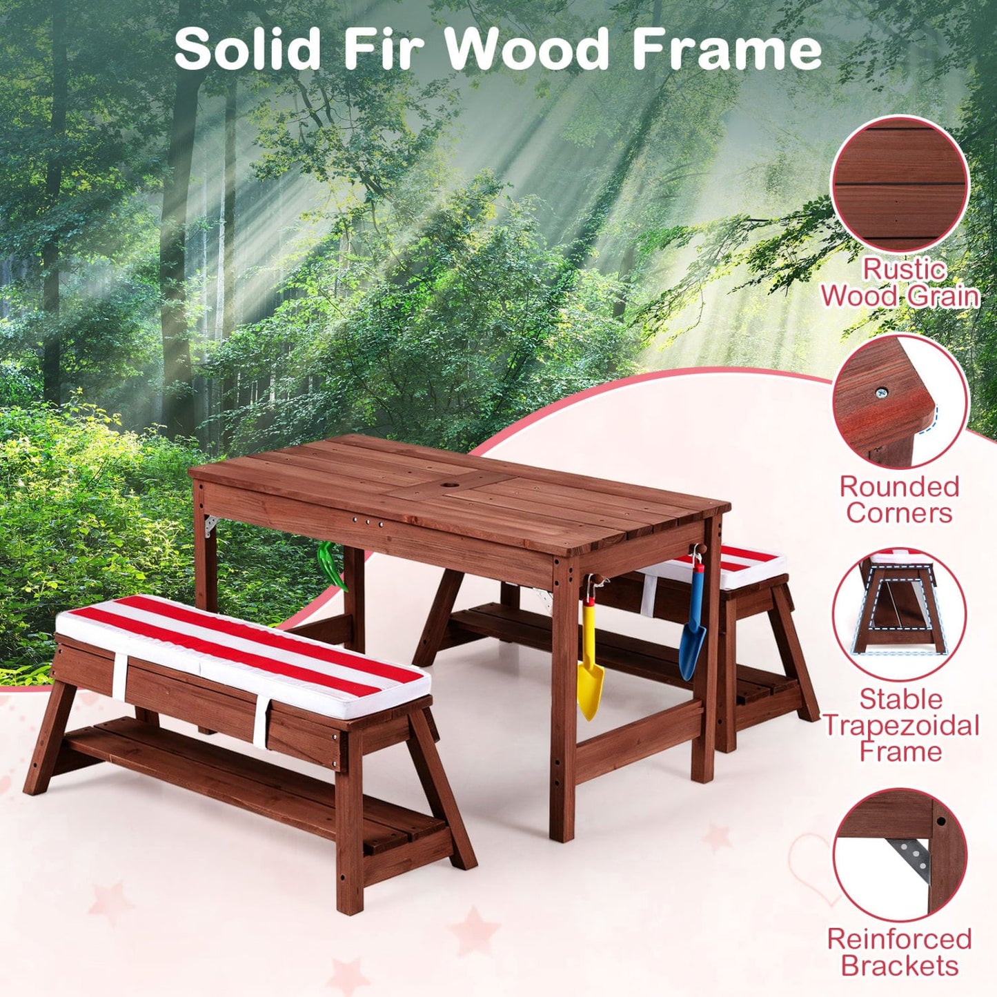 Table de pique-nique en bois pour enfants avec parapluie, rouge