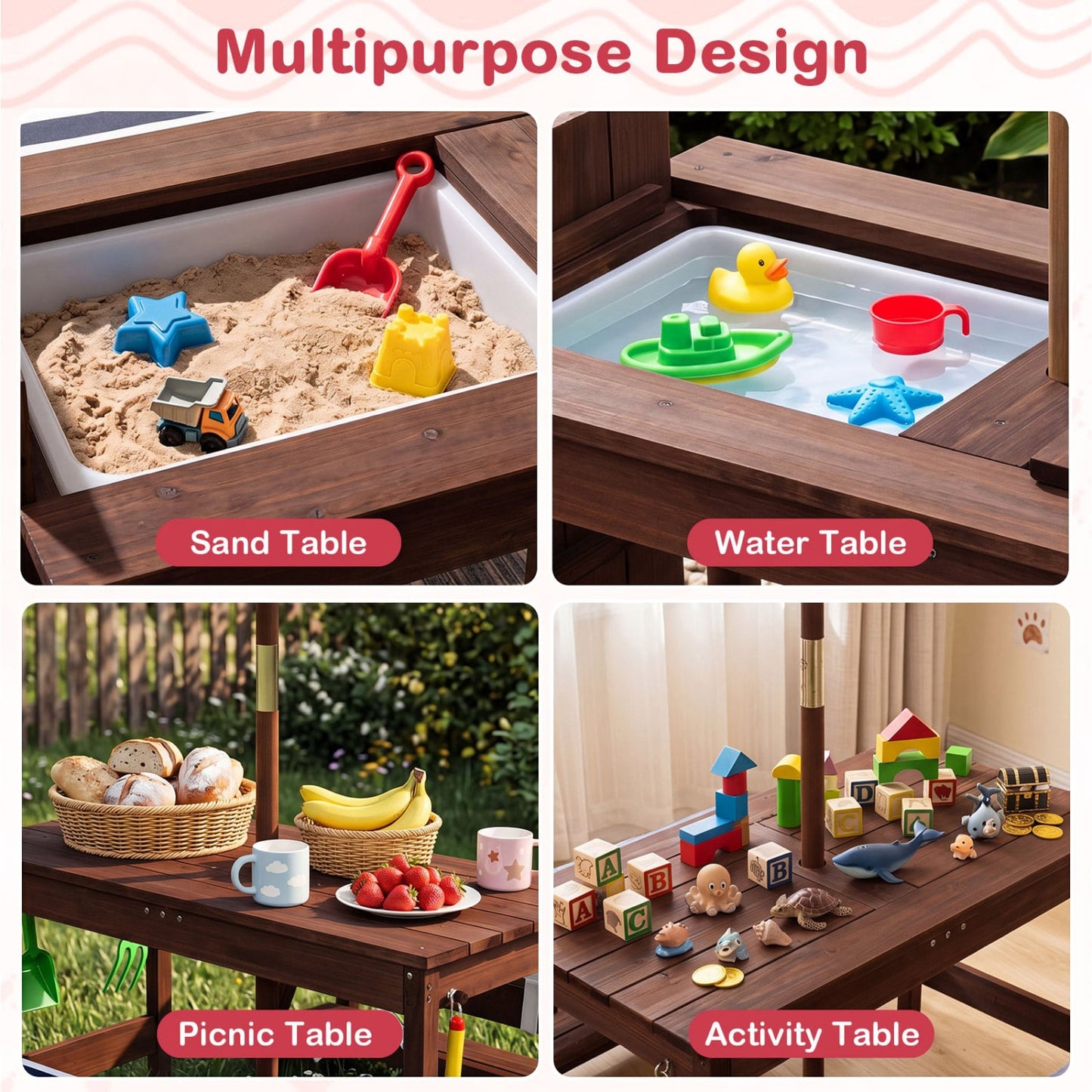 Table de pique-nique en bois pour enfants avec parapluie, rouge