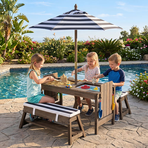 Kids Wooden Picnic Table with Umbrella, Blue
