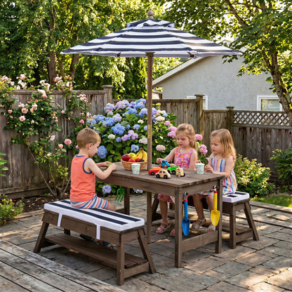 Kids Wooden Picnic Table with Umbrella, Blue