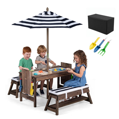 Kids Wooden Picnic Table with Umbrella, Blue