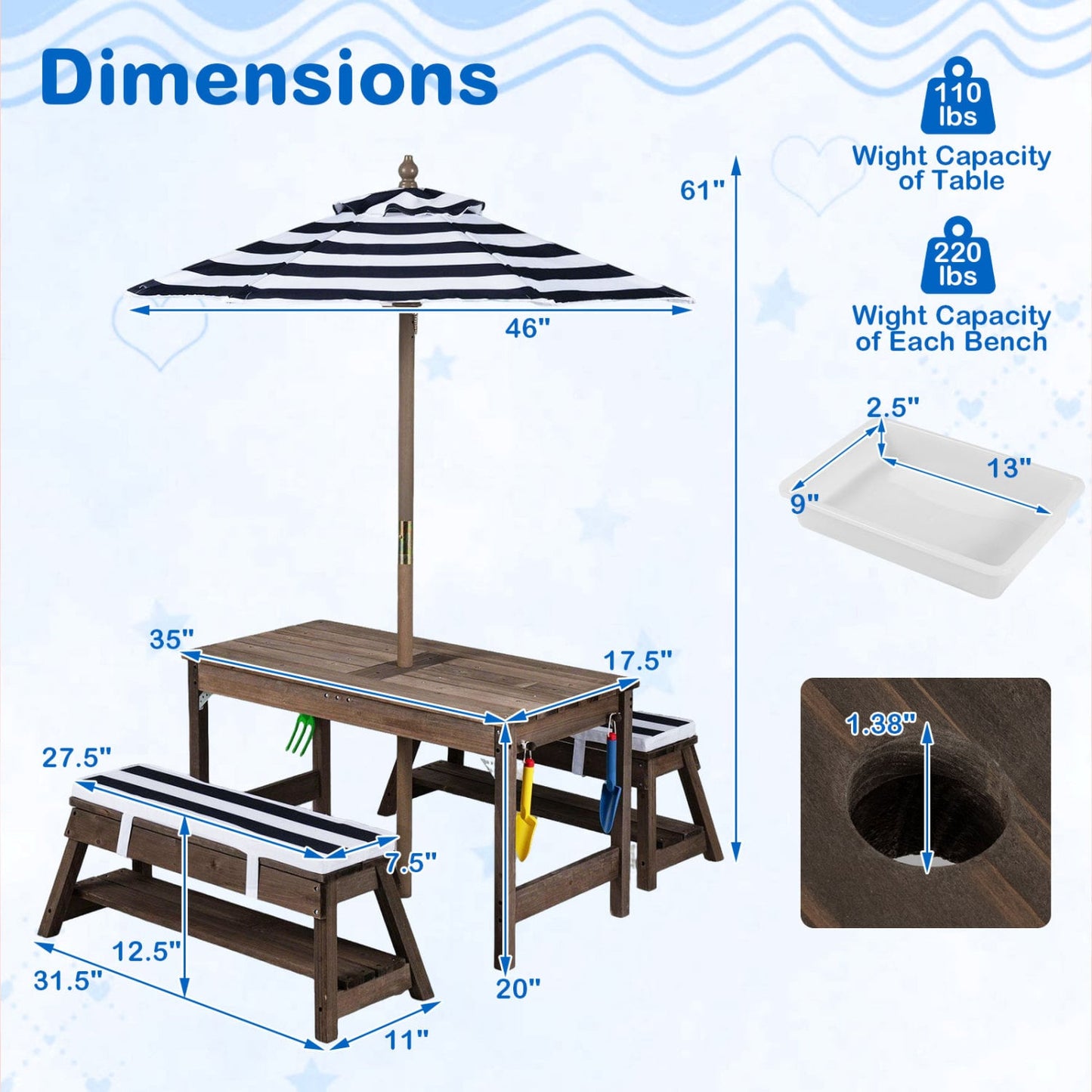 Kids Wooden Picnic Table with Umbrella, Blue