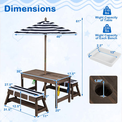 Kids Wooden Picnic Table with Umbrella, Blue