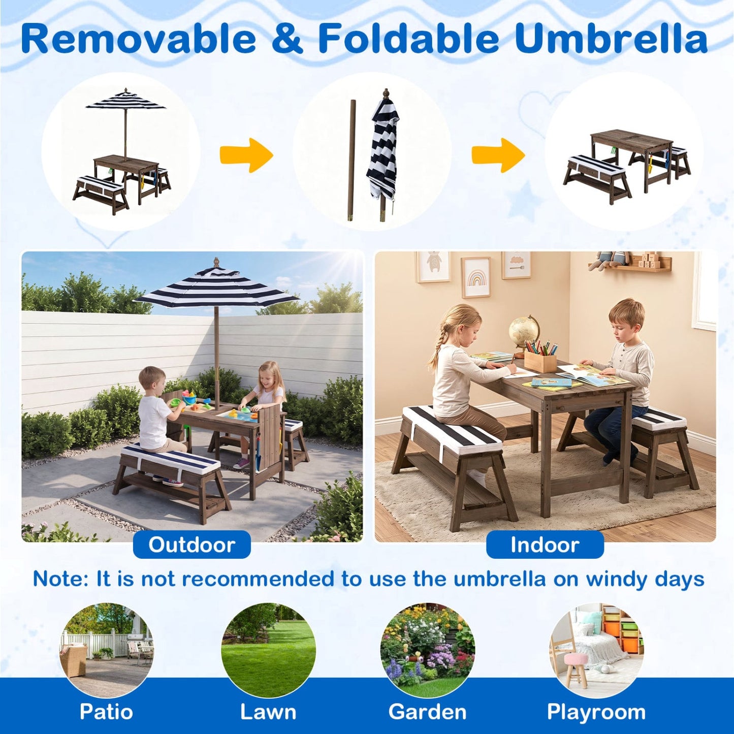 Kids Wooden Picnic Table with Umbrella, Blue