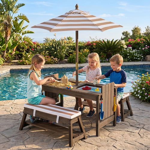 Wooden Kids Picnic Table & Benches with Umbrella, Brown