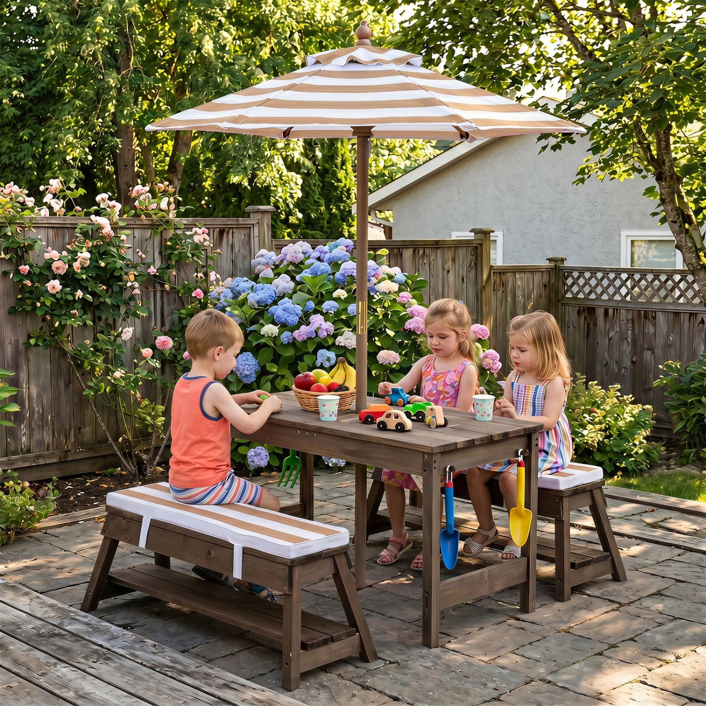 Wooden Kids Picnic Table & Benches with Umbrella, Brown
