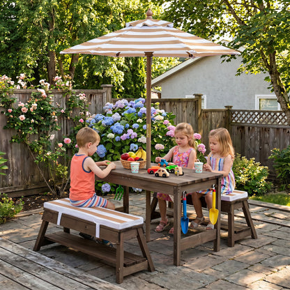 Wooden Kids Picnic Table & Benches with Umbrella, Brown