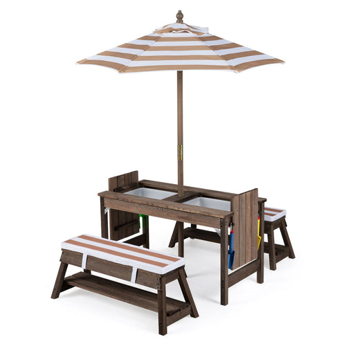 Wooden Kids Picnic Table & Benches with Umbrella, Brown