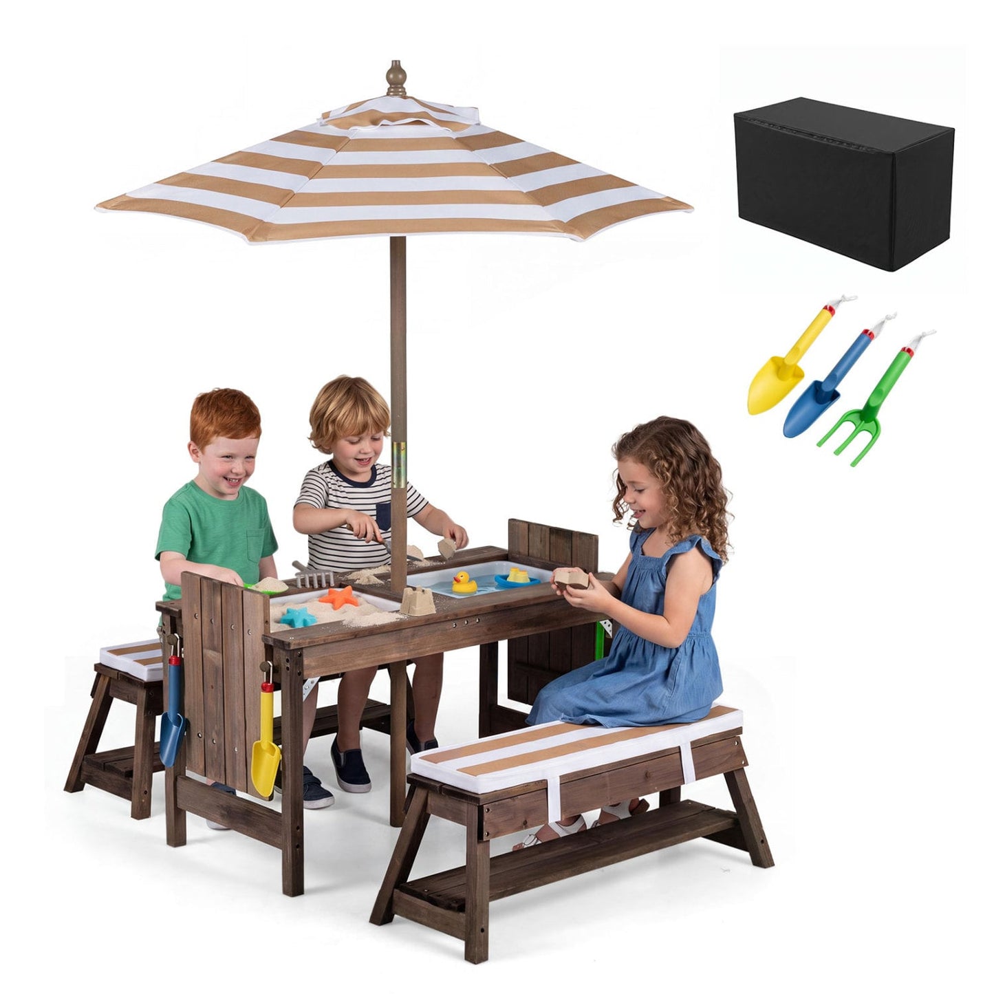 Wooden Kids Picnic Table & Benches with Umbrella, Brown