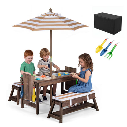 Wooden Kids Picnic Table & Benches with Umbrella, Brown