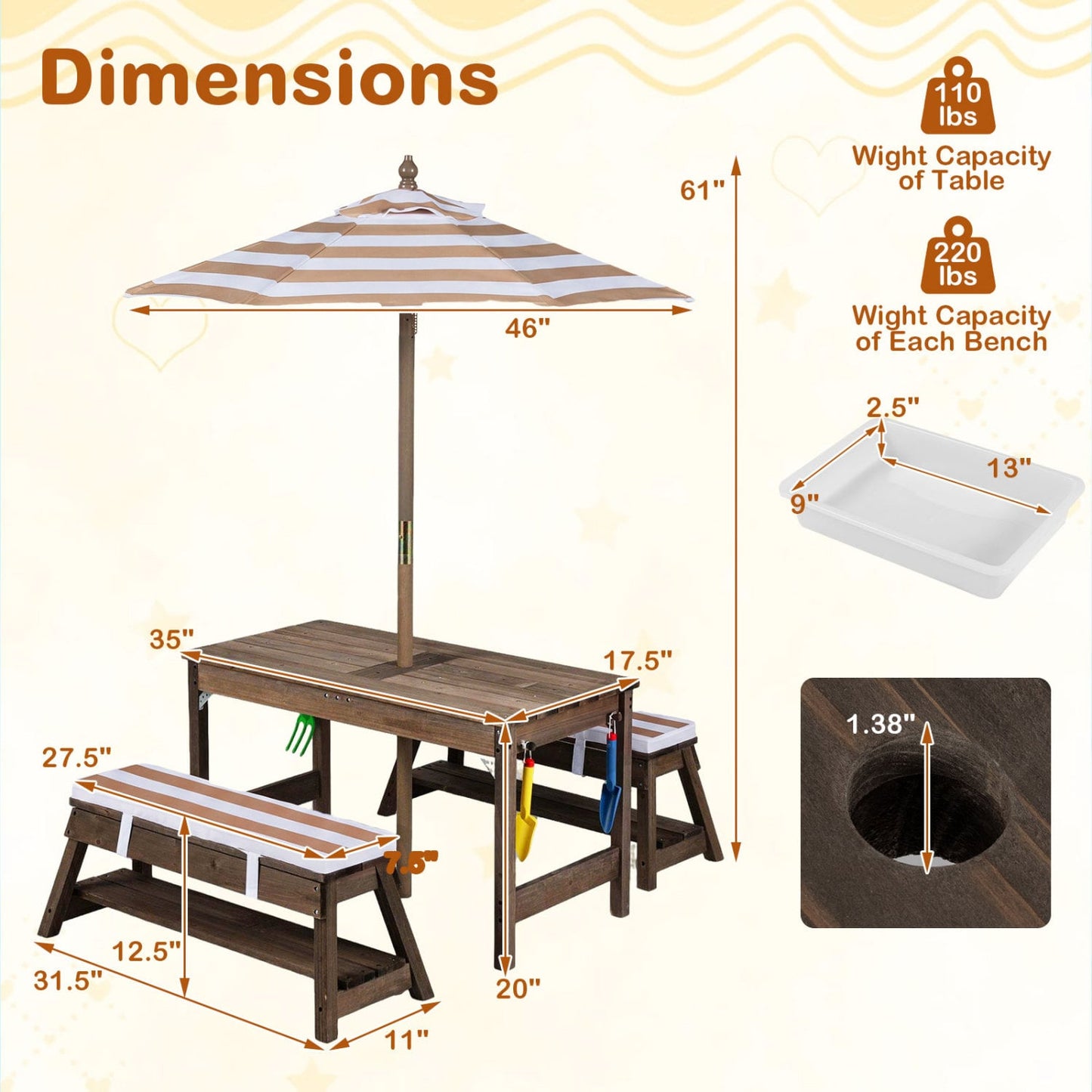 Wooden Kids Picnic Table & Benches with Umbrella, Brown