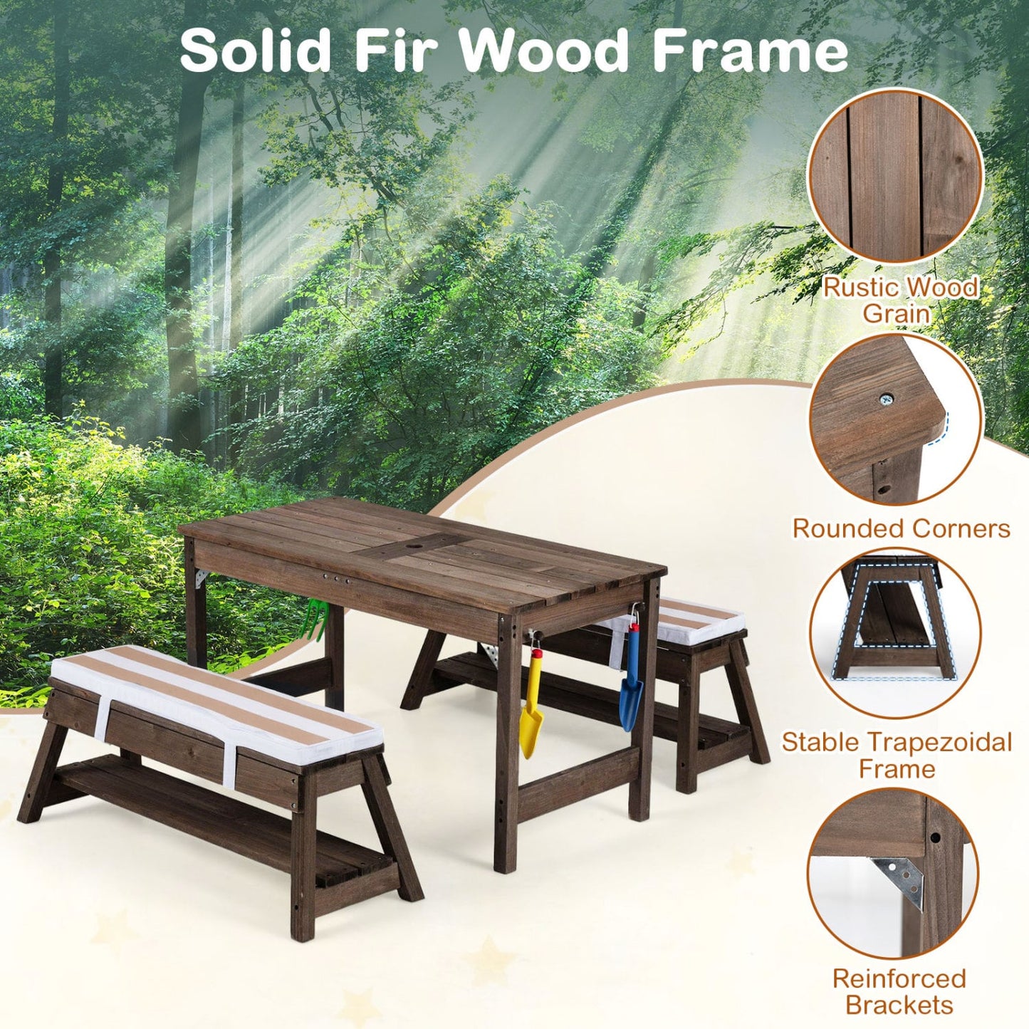 Wooden Kids Picnic Table & Benches with Umbrella, Brown