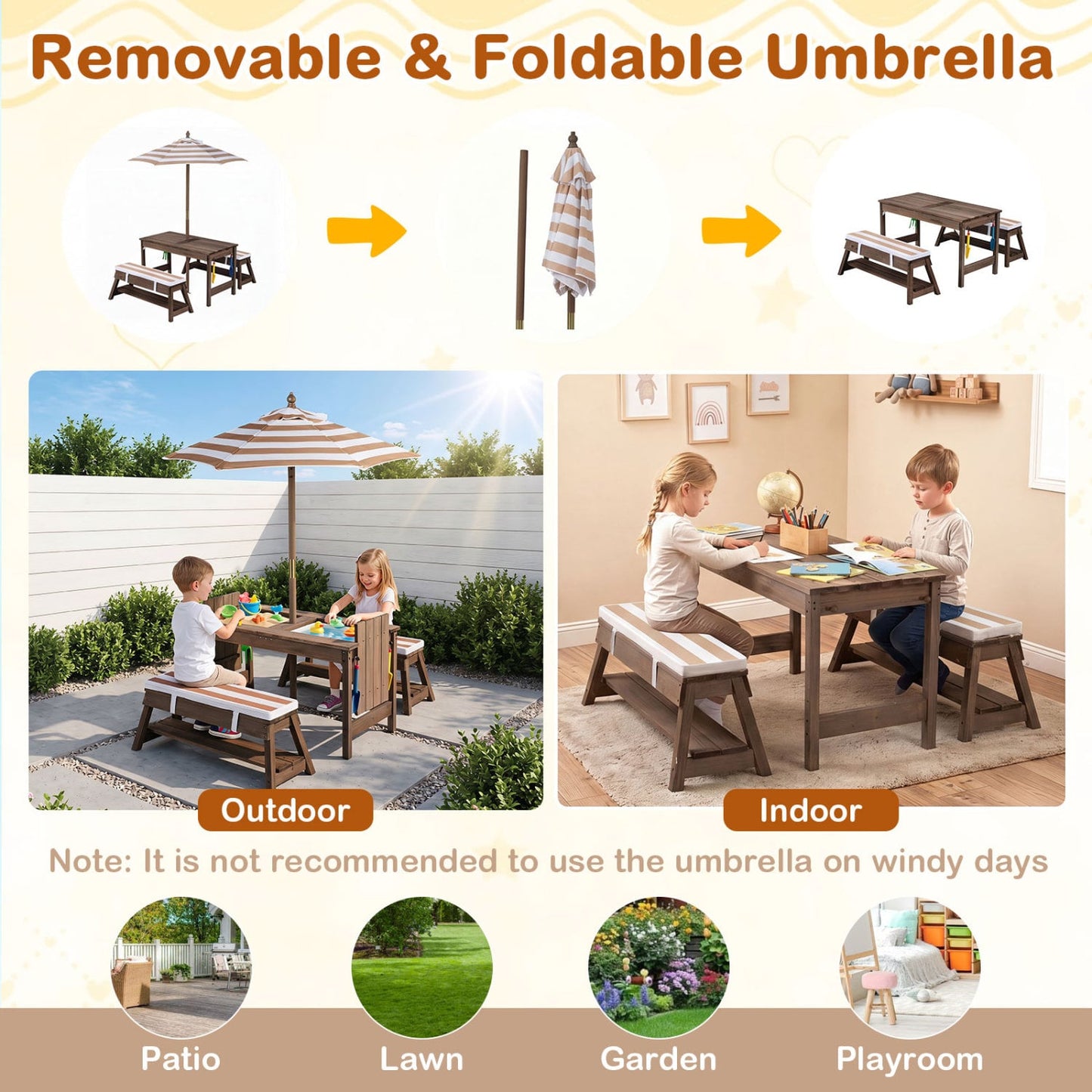 Wooden Kids Picnic Table & Benches with Umbrella, Brown