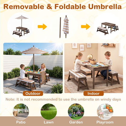 Wooden Kids Picnic Table & Benches with Umbrella, Brown
