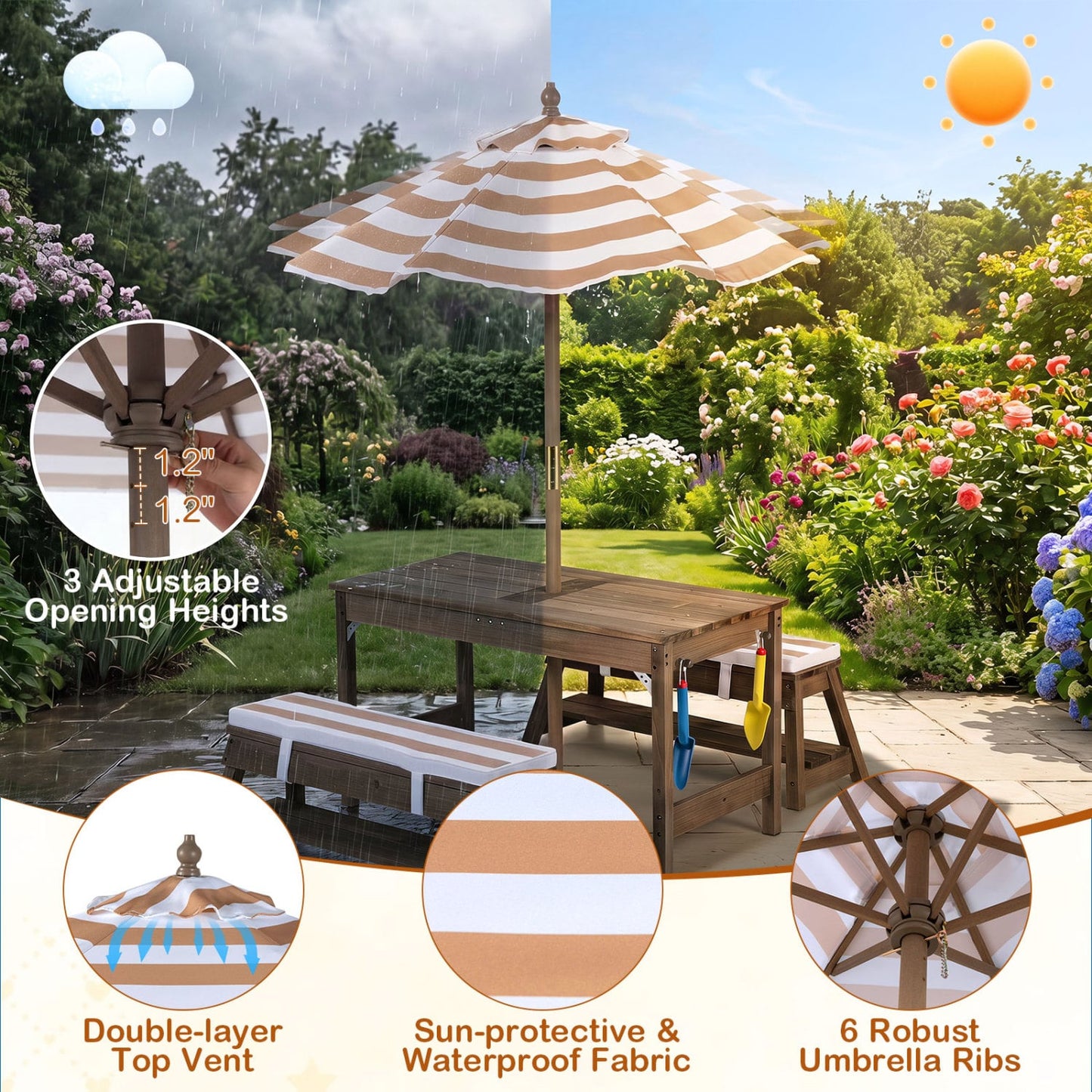 Wooden Kids Picnic Table & Benches with Umbrella, Brown
