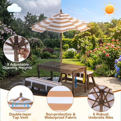 Wooden Kids Picnic Table & Benches with Umbrella, Brown