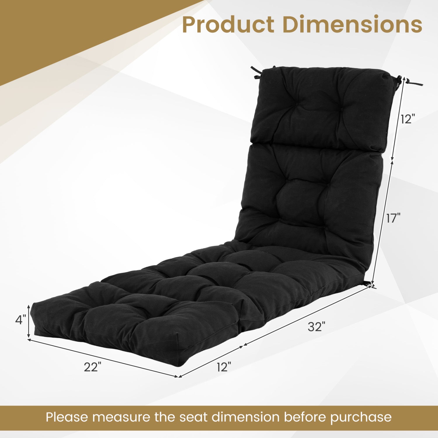 Outdoor Lounge Chaise Cushion with String Ties for Garden Poolside, Black Outdoor Chaise Lounges at Gallery Canada