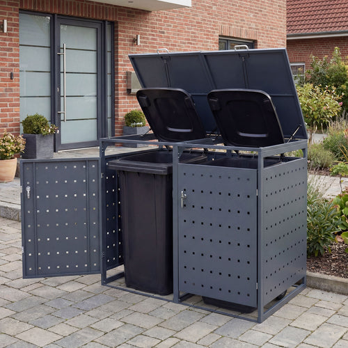 Outdoor Metal Garbage Bin Storage Shed for 2 Trash Cans Double Trash Can Enclosure, Gray