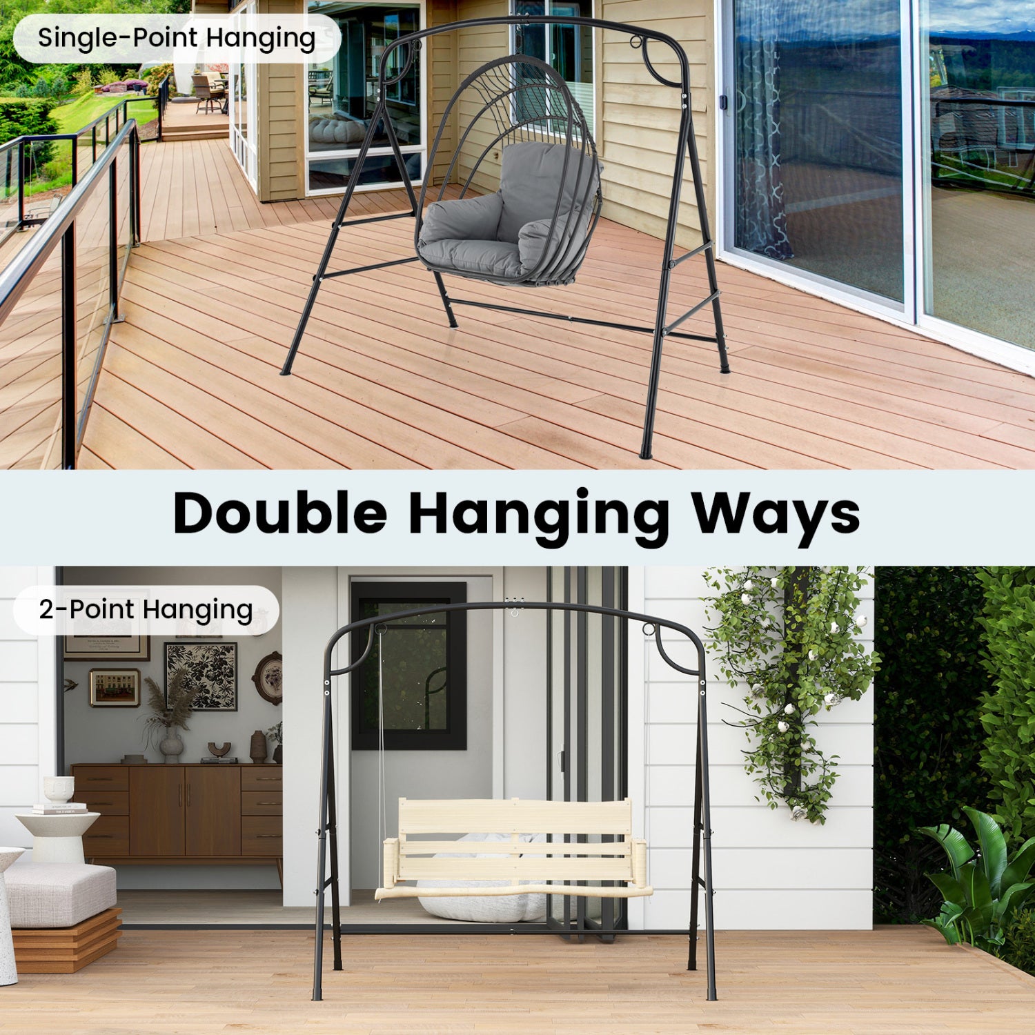 Outdoor Metal Swing Stand, 4 Support Bars, 2 Hanging Ways, Black Porch Swings at Gallery Canada