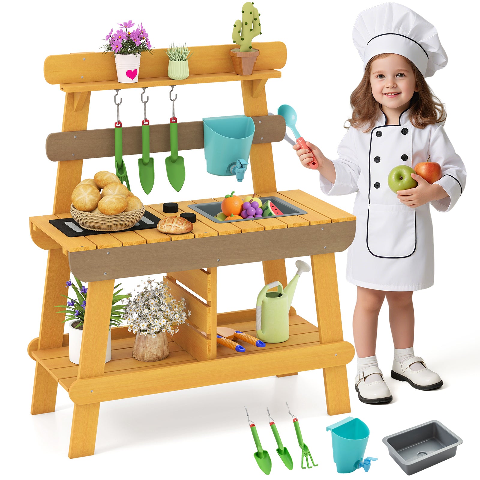 Outdoor Mud Kitchen for Kids Wooden Play Kitchen Toy for Boys Girls Aged 3-8, Yellow Play Kitchen Sets at Gallery Canada