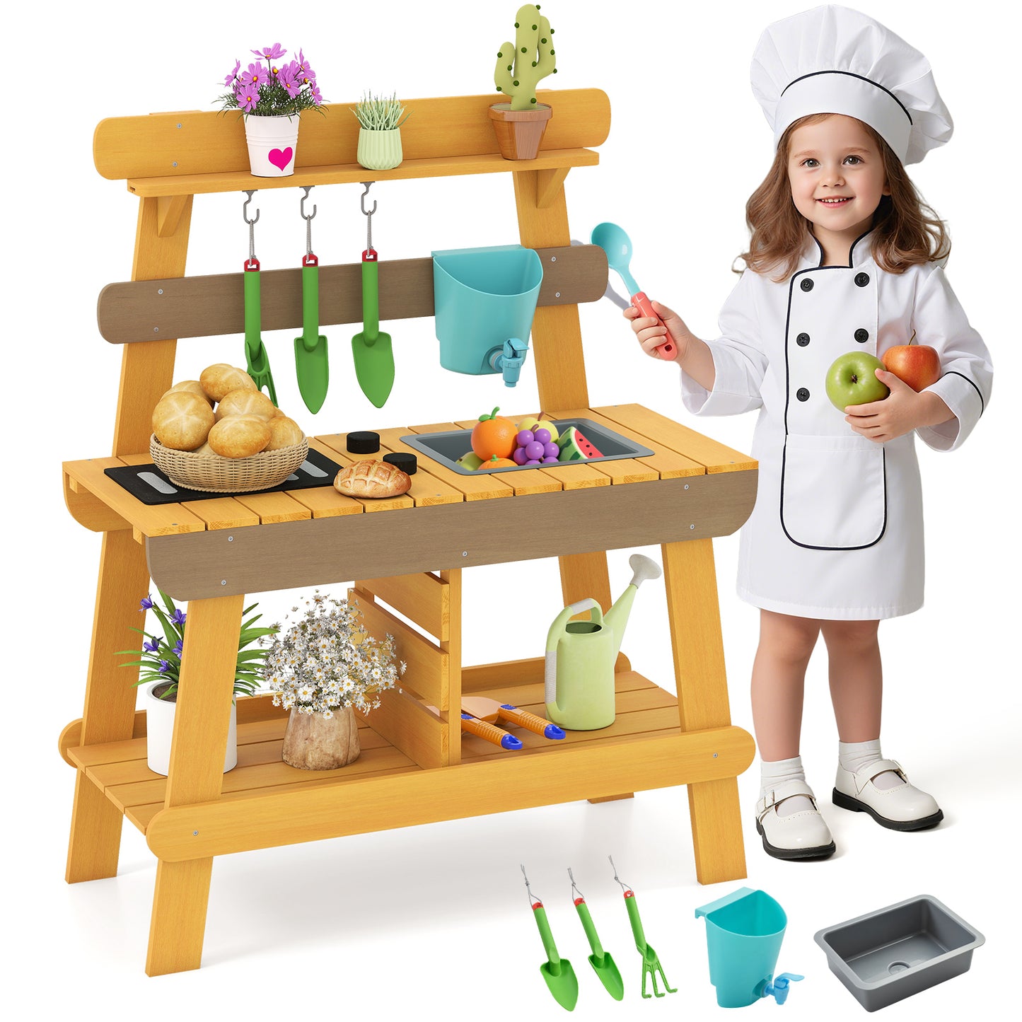 Outdoor Mud Kitchen for Kids Wooden Play Kitchen Toy for Boys Girls Aged 3-8, Yellow Play Kitchen Sets at Gallery Canada