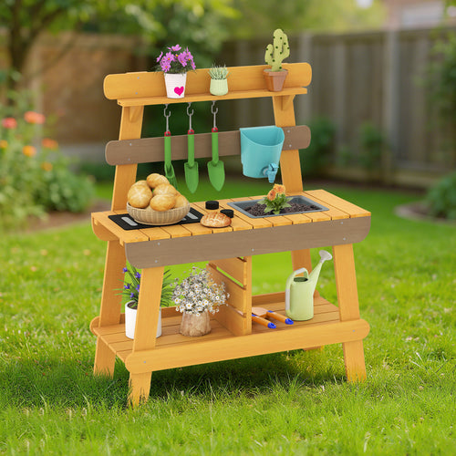 Outdoor Mud Kitchen for Kids Wooden Play Kitchen Toy for Boys Girls Aged 3-8, Yellow