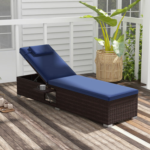 Outdoor PE Rattan Chaise Lounge, 6-Level Backrest, Navy