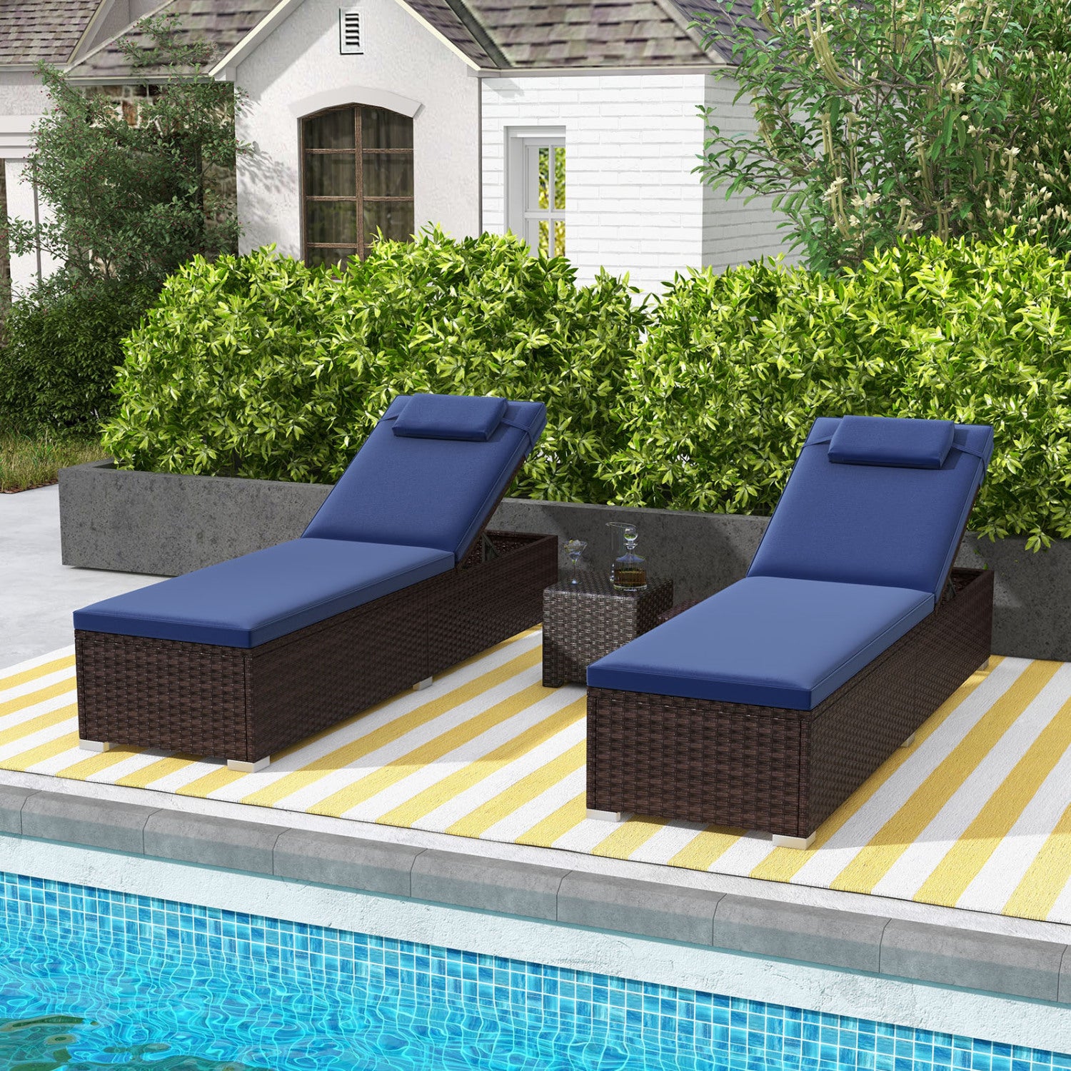 Outdoor PE Rattan Chaise Lounge, 6-Level Backrest, Navy Outdoor Chaise Lounges at Gallery Canada