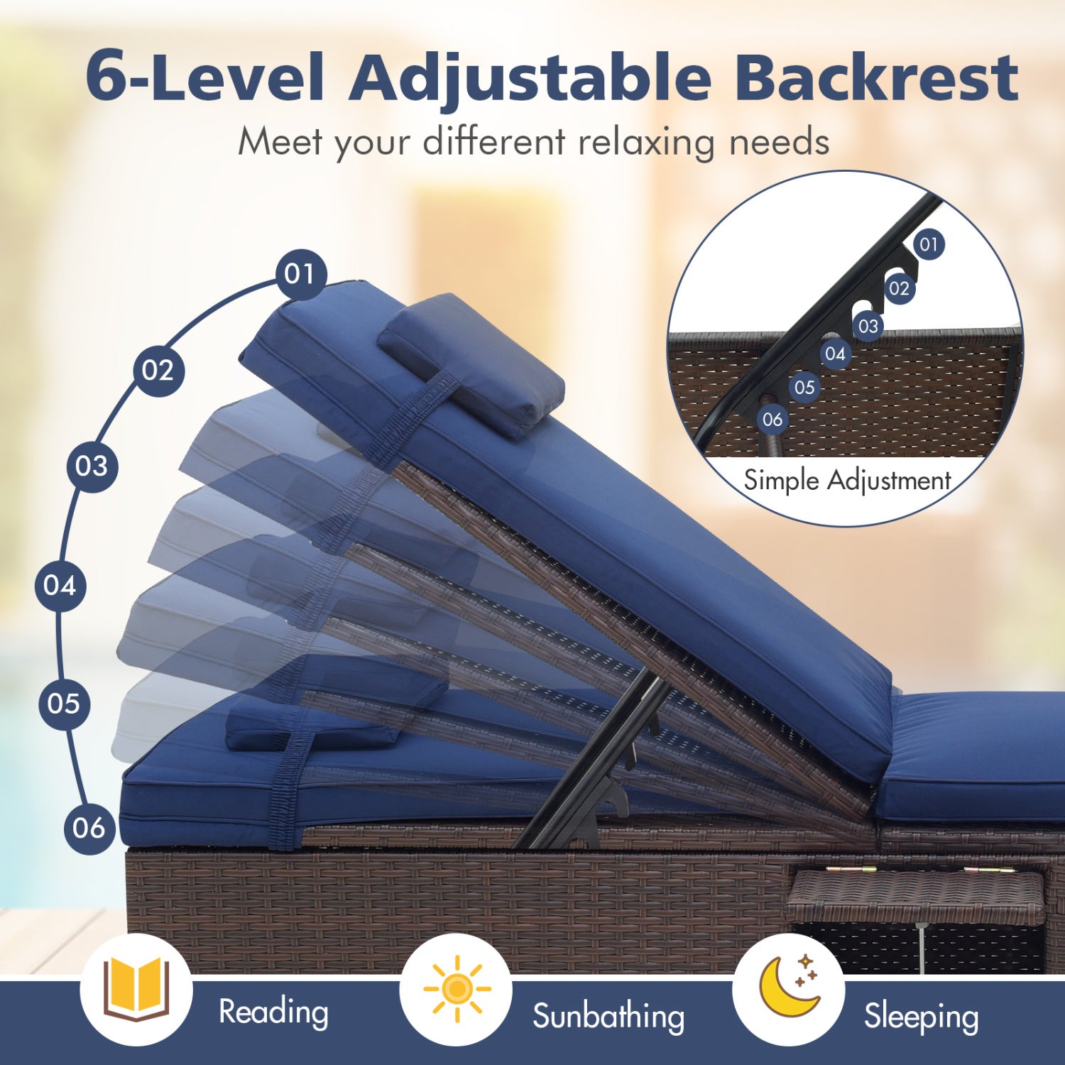 Outdoor PE Rattan Chaise Lounge, 6-Level Backrest, Navy Outdoor Chaise Lounges at Gallery Canada