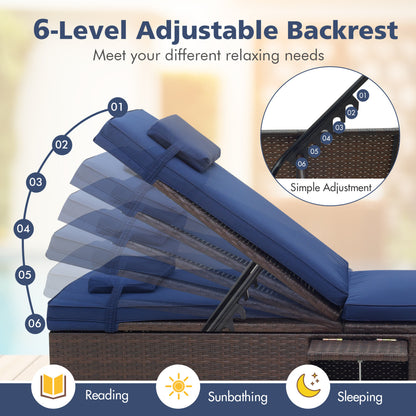 Outdoor PE Rattan Chaise Lounge, 6-Level Backrest, Navy Outdoor Chaise Lounges at Gallery Canada