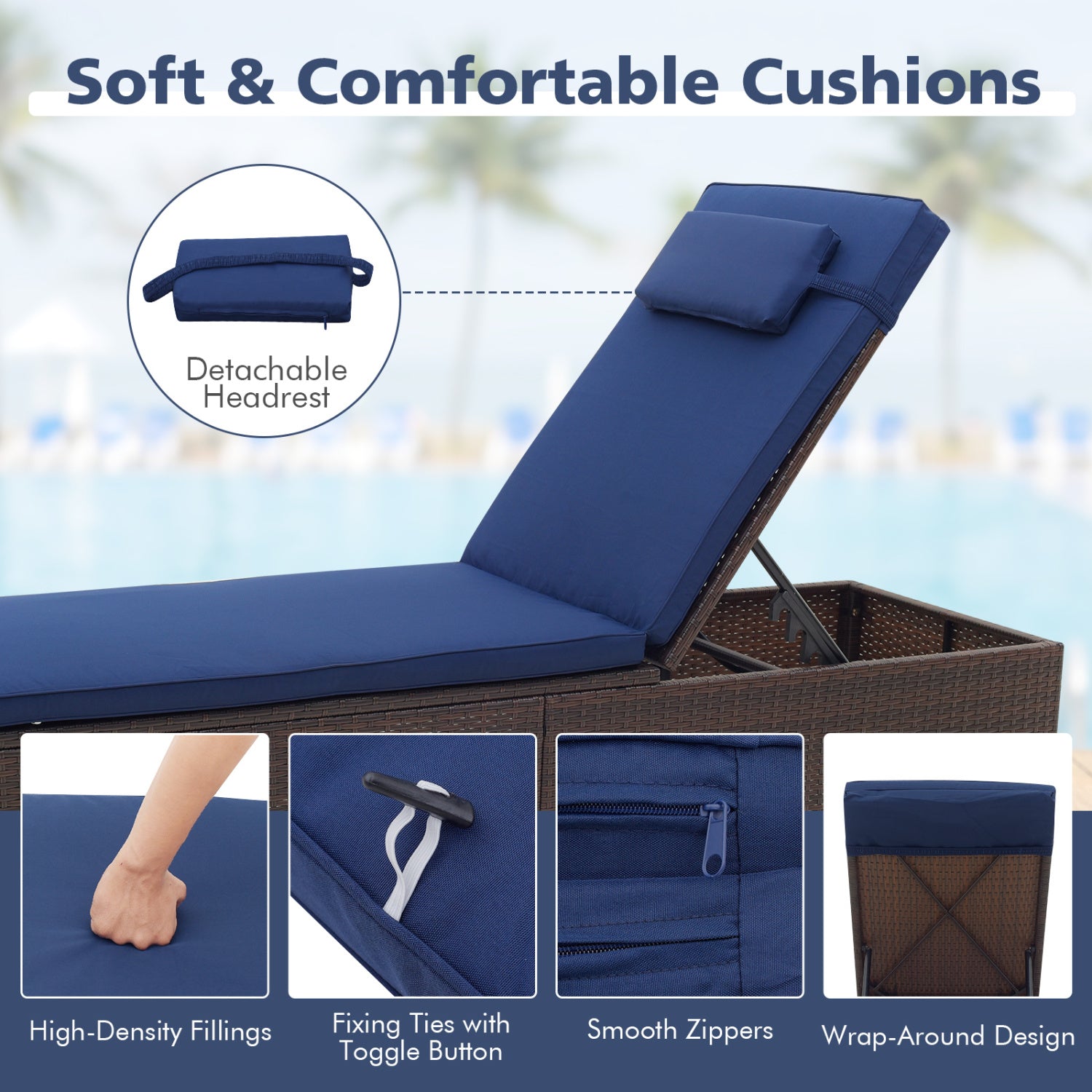 Outdoor PE Rattan Chaise Lounge, 6-Level Backrest, Navy Outdoor Chaise Lounges at Gallery Canada