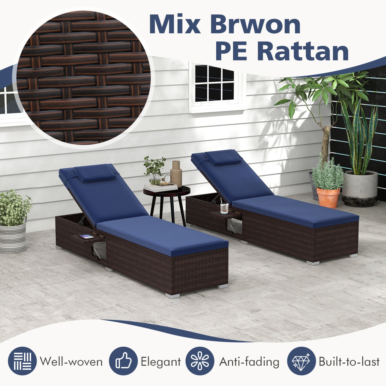 Outdoor PE Rattan Chaise Lounge, 6-Level Backrest, Navy Outdoor Chaise Lounges at Gallery Canada