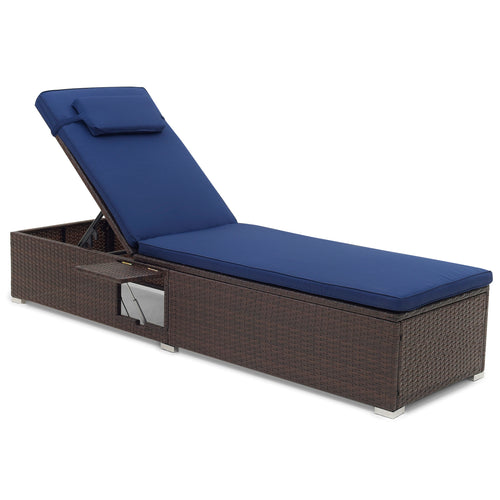 Outdoor PE Rattan Chaise Lounge, 6-Level Backrest, Navy