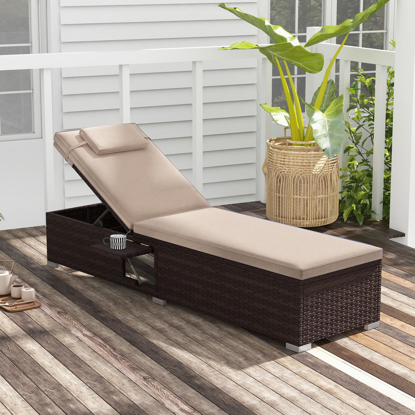 PE Rattan Chaise Lounge, 6-Position Adjustable Backrest, Brown